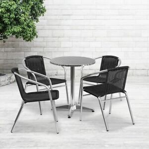 Durable 23.5&#039;&#039; Round Aluminum Indoor/Outdoor Table Set w/4 Black Rattan Chairs