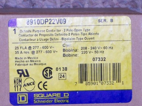 Square d definite purpose contactor 2 pole open ser.b 8910dp22v09 for sale