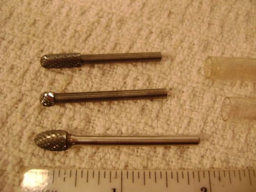 (3) carbide head burr s,  new old stock, 1/8&#034; shank, round,tear, &amp; recta. heads for sale