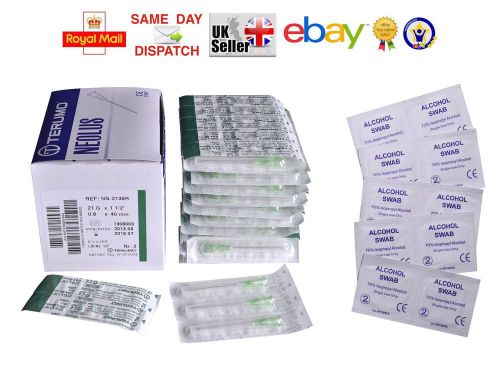 BOX 100 TERUMO NEEDLES +100 SWABS 21G GREEN 0.8x40 (1.5 INCH) INK FAST CHEAPEST