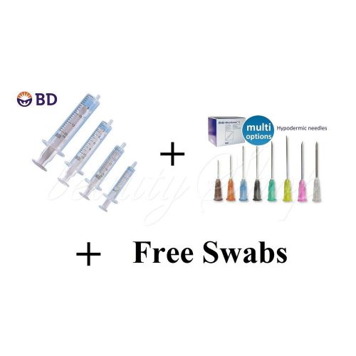 BD Discardit Syringes 2ml 5ml 10ml 20ml + Needle 18G to 30G + Alcohol Swabs x 10