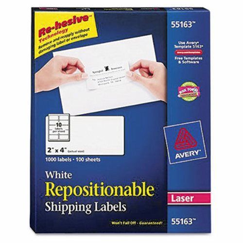 Avery Re-hesive Laser Labels, 2 x 4, White, 1000/Pack (AVE55163)