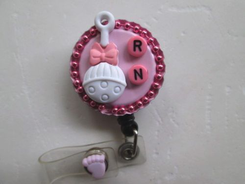 RN RATTLE ID BADGE REEL AND BABY FOOT ON VINYL STRAP,MEDICAL,HOSPITAL,NURSE