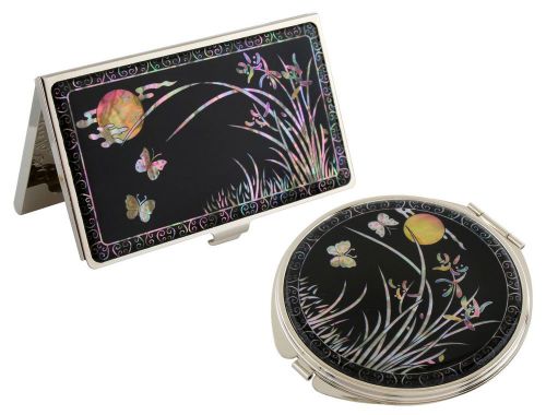 Nacre orchid Business card holder ID case Makeup compact mirror gift set #17
