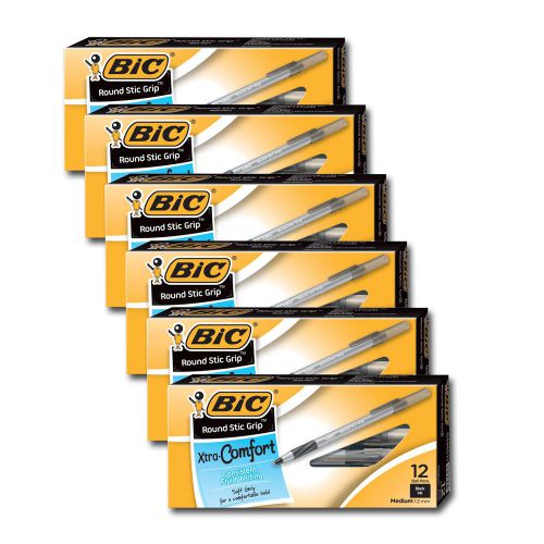 Bic Ultra Round Stic Grip Ball Point Pens, Medium Point, Black Ink, Pack of 72