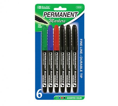 BAZIC Asst. Color Fine Tip Permanent Markers w/ Pocket Clip (6/Pack), Case of 24