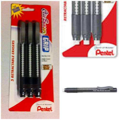 Pentel Clic Eraser with Grip, 3/Pack - Black - Retractable Pocket Size-Brand New