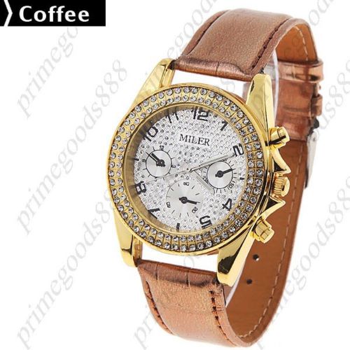 Gold case rhinestone synthetic leather quartz wristwatch women&#039;s light coffee for sale