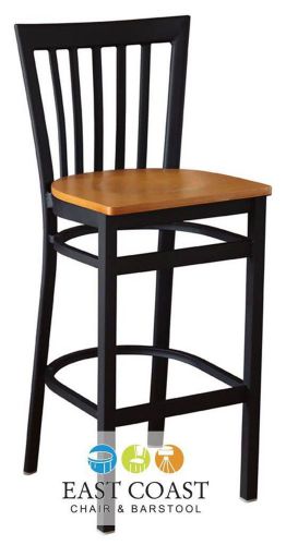 New Gladiator Full Vertical Back Metal Restaurant Bar Stool w/ Natural Wood Seat