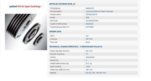 (inside diameter,pack) V-grooved pulley for taper bushes, TB SPB 236/10 Z 10