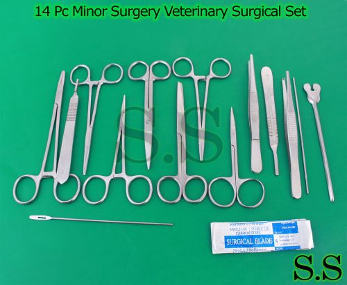 14 PC MINOR SURGERY VETERINARY SURGICAL INSTRUMENTS KIT SET+ 100 SCALPEL BLADES