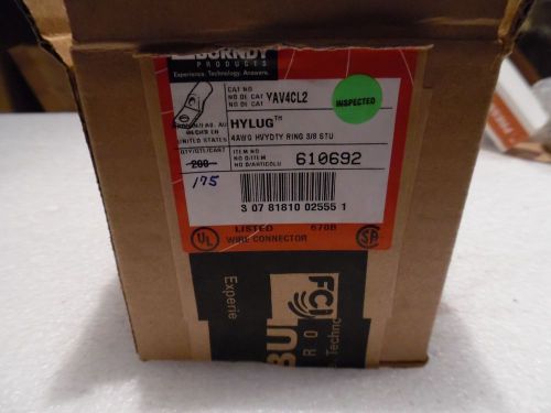 BURNDY YAV4CL2 COPPER COMPRESSION LUGS 3/8 STUD Hylug AN2 4 AWG NIB BOX OF175