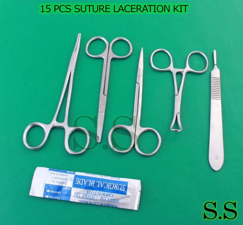 15 PCS SUTURE LACERATION KIT FORCEPS SCISSORS TOWEL CLAMPS SCALPEL HANDLE BLADES