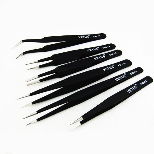 6PCS ESD Safe Anti-Static Stainless Steel Tweezers Set Maintenance Repair Tool