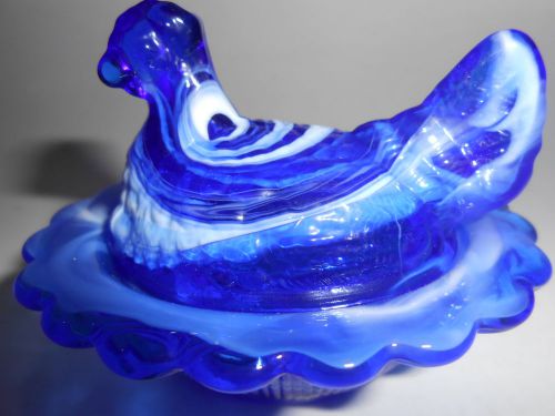 Cobalt blue &amp; milk slag glass salt cellar hen chicken on nest basket dish white