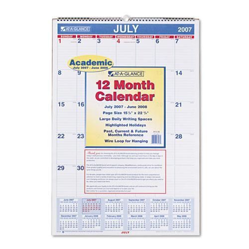 NEW AT-A-GLANCE AY3-28-07 Recycled Monthly Academic Wall Calendar, Wall, 15