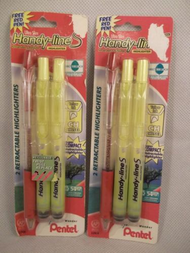 Pentel Handy Line Slim Retractable Refillable Highlighter  &amp; Red Pen 2 Packs