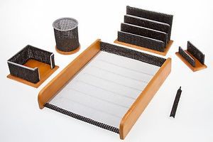 Majestic 6 Piece Black Bling Mesh and Oak Wood  Desk Set Home/Office/Dorm/Gift