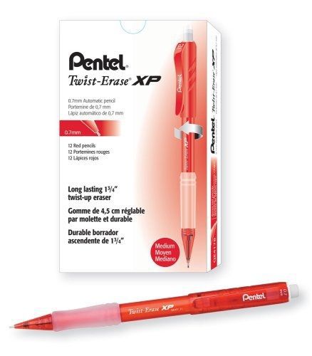 Pentel Twist Erase EXPRESS Automatic Pencil, 0.7mm Lead Size, Red Barrel, Box of