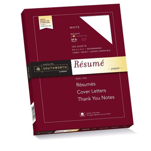 Southworth Resume Paper, Cotton Fiber, 24 lb, 8-1/2 x 11 Inches, 100 per Box, Wh