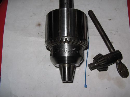 Jacobs #36, drill chuck/key, mt3 arbor, jt3 mount, 3/16&#034;-3/4&#034; capacity for sale