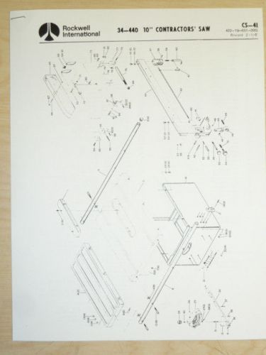 1981 ROCKWELL 10&#034; CONTRACTOR TABLE SAW REPLACEMENT PARTS MANUAL FOR MODEL 34-440