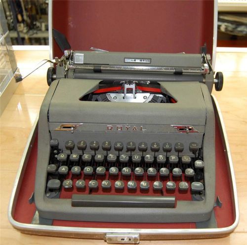Vintage royal quiet deluxe portable typewriter grey metal w/ chrome trim &amp; case for sale