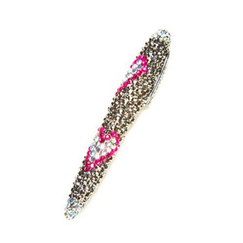 Grey Crystal Rhinestone Rollerball Pen W/ Pink Hearts