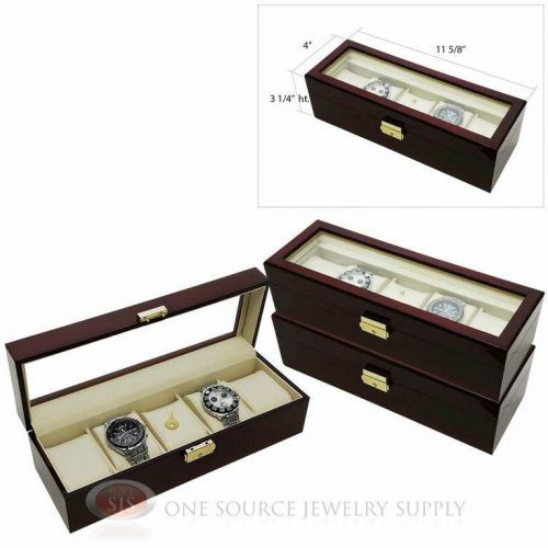 (3) 5 Watch Glass Top Rosewood Watch Cases with Beige Faux Leather Displays