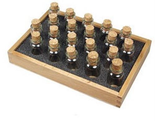 24 GLASS CORKED BOTTLES FOR GEM STORAGE WITH WOOD TRAY.