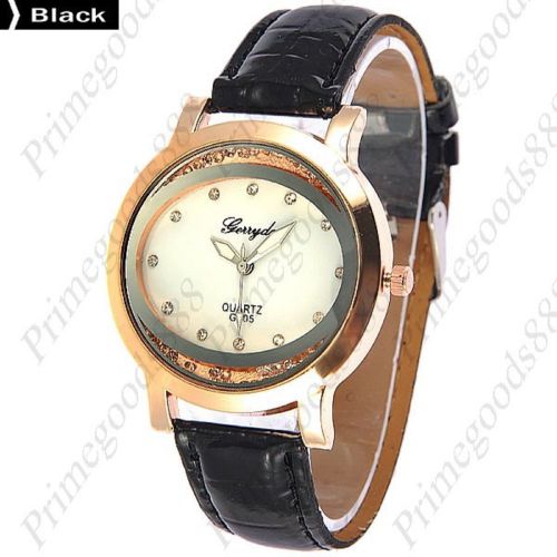 Round Rhinestones PU Leather Lady Ladies Analog Quartz Wristwatch Women&#039;s Black