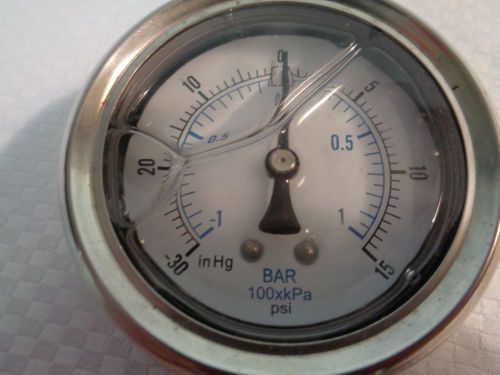 3&#034; Oil Filled Vacuum Pressure Gauge - SS/Br 1/4&#034; NPT Lower Mount, -30HG/15PSI