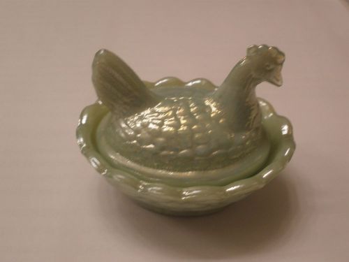 Glass salt cellar hen chicken on nest basket dish. 4