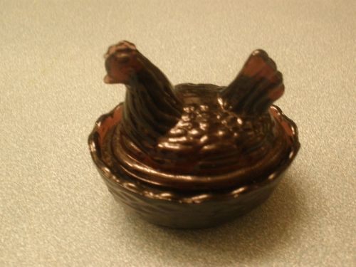 Glass salt cellar hen chicken on nest basket dish. 1