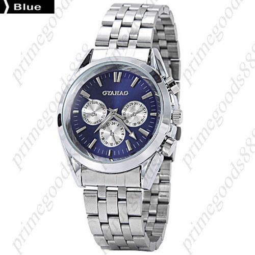 Round Quartz Analog Silver Stainless Steel Band Wrist Men&#039;s Wristwatch Blue Face