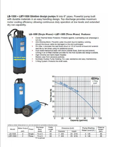 Tsurumi lb-1500 submersible dewatering pump 2 hp, 115v, 60 hz, 3500 rpm for sale