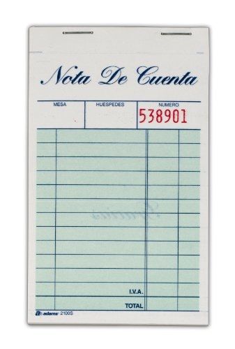 Adams Nota De Cuenta (Spanish Language Guest Check), 1 Part, 3.34 x 5.44 Inches,