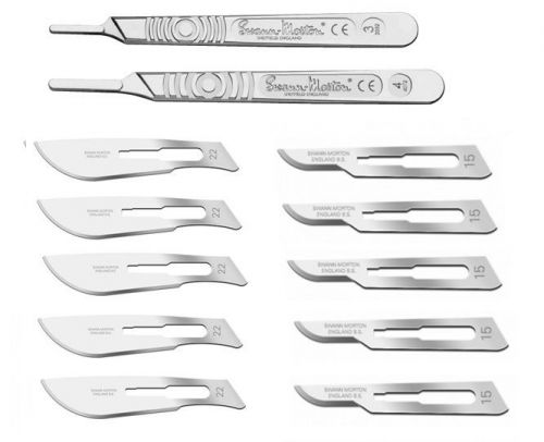 2 swann morton graduated surgical scalpel handle #3 #4+10 sterile blades #15 #22 for sale