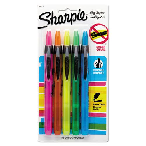 Retractable Highlighters, Chisel Tip, Assorted Fluorescent Colors, 5/Set