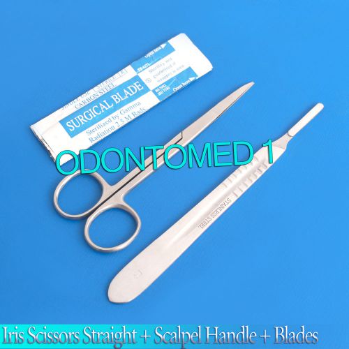 IRIS MICRO SCISSORS STRAIGHT 4.5&#034; + SCALPEL HANDLE #4 + 5 SURGICAL BLADES #24