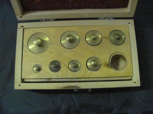 VINTAGE 8 PIECE BRASS SCALE WEIGHTS 1g-50g IN WOOD CASE