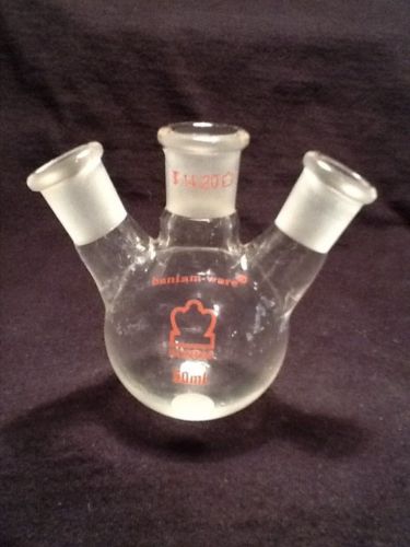 Kontes 50ml angled three neck heavy wall round bottom flask 14/20 joints for sale