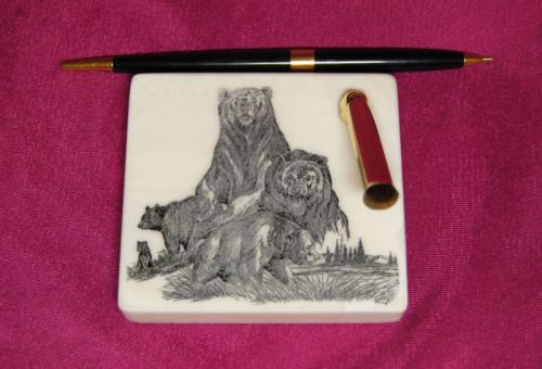 Bear Family Etched Montana Marble Desk Pen Holder Set