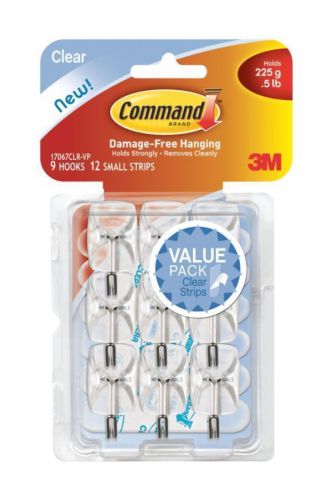 3M Command Clear Small Wire Hooks, Clear, Holds 0.5 lbs, 9 Hooks