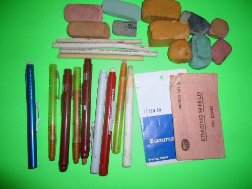 9 older eraser pens w/ 4 refills - 2 eraser shields - 10 older erasers