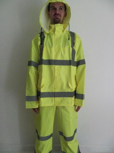 NEW ANSI CERTIFIED CLASS III RAIN COAT BIB OVERALLS DETACHABLE HOOD REFLECTIVE