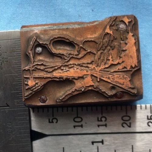 Pacfic Northwest Train Thru Rockies Mountain Copper Printers Block  Vintage!