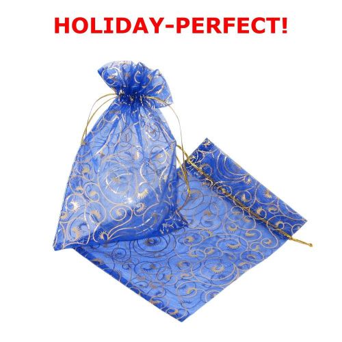 Pack of 20! organza gift bag royal blue with gold twisted tendril pattern for sale