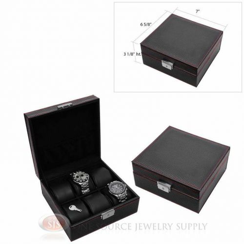 (2) 6 Watch Black Carbon Fiber Pattern Faux Leather Watch Case with Black Lining