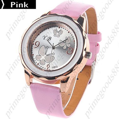 Butterfly butterfly&#039;s pu leather round quartz wrist wristwatch women&#039;s pink for sale